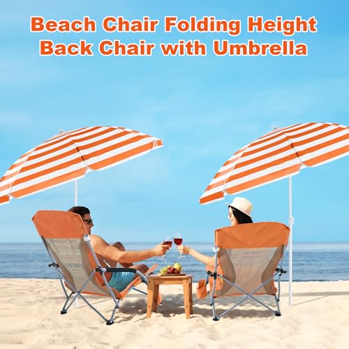 Huwena 2 Pack Beach Chairs with Umbrella for Adults, Low Folding Chair Set, Adjustable Detachable Umbrella, Lightweight Po...