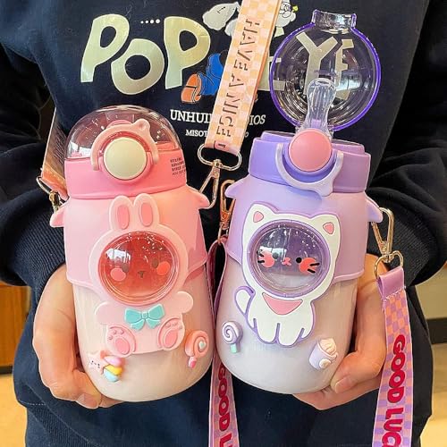 Kawaii Water Bottle Cute Water Bottles for Girls, Kawaii Water Bottle with Straw and Adjustable Strap, Portable Leakproof ...