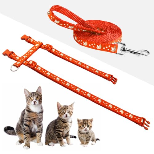 Cat Harness and Leash Set Gold Moons Soft Nylon Escape Proof Adjustable for Kittens Small Animals Glow in The Dark(Orange)