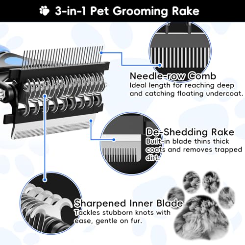 AXEFUN 3-in-1 Professional Pet Grooming Brush for Dogs & Cats – Dematting Comb, Undercoat Rake & Deshedding Tool for Long...