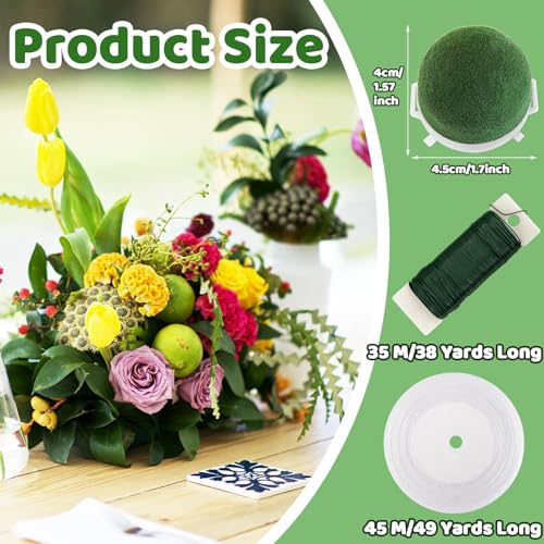 12 Pcs Mini Floral Foam Holder,Round Floral Foam with Green Floral Wire and Ribbon,Green Floral Foam Floral Arrangement Su...