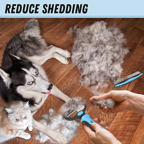 Docrok Pet Grooming Combo - Blue Deshedding Brush with Metal Comb for Detangling and Dematting Long, Matted Fur on Cats an...