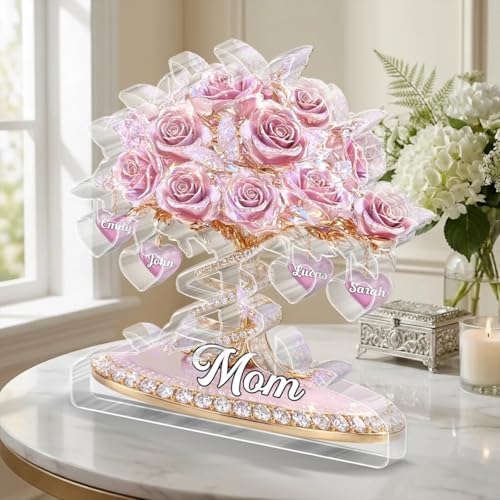 Custom Rose Tree Acrylic Plaque - Personalized Mother’sDay Gifts For Mom, Kids Names Heart Keepsake, Pink Floral Family De...