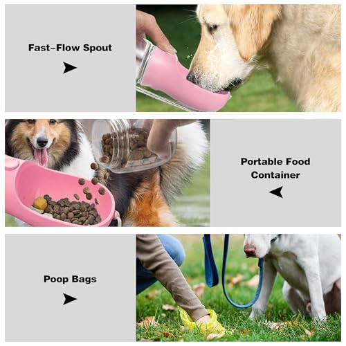 Dog Water Bottle with Food Storage & Poop Bag Dispenser - 3-in-1 Portable Pet Water Bowl for Hiking, Walking, and Travel -...