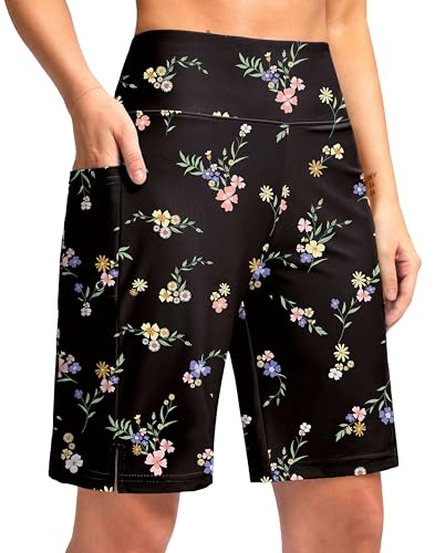 G Gradual Women's 9" Long Swim Board Shorts with Pockets High Waisted Knee Length Beach Swimming Shorts for Women with Liner