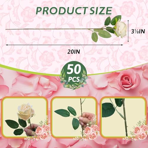 100 PCS Fake Champagne Roses, Artificial Champagne Flowers Bulk Realistic Silk Faux Rose with Stems for Wedding Decoration...