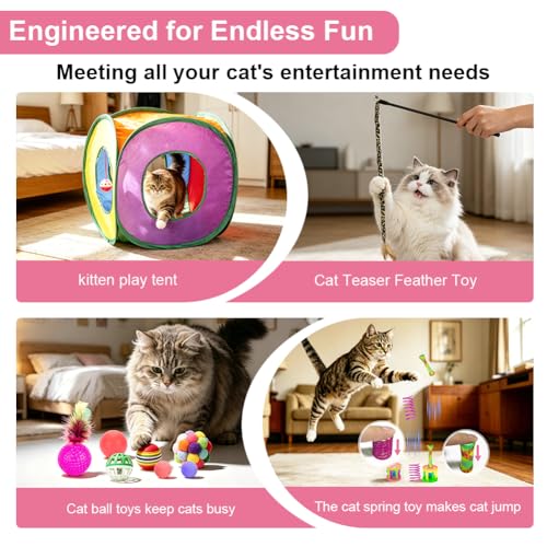 Retro Shaw Cat Toys Pack 33Pcs, Interactive Kitten Toys for Indoor Kittens Cats, Collapsible Kitty Play Tunnel Tent Feathe...