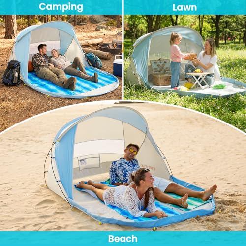 #WEJOY Beach Tent Sun Shelter, Windproof Reinforced 9.5mm Frame, 4 Person Easy Up Beach Shade, UPF 50+ UV Protection, Beac...