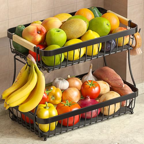 Sevenblue 2 Tier Large Fruit Basket for Kitchen Counter with 2 Mobile Banana Hangers, 2026 Pro Detachable Metal Fruit Bowl...