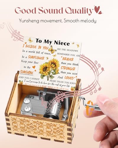 Swooflia Mother's Day Wooden Music Box for Niece with Sunflower Greeting Card - Hand Crank Engraved Musical Box Vintage Me...