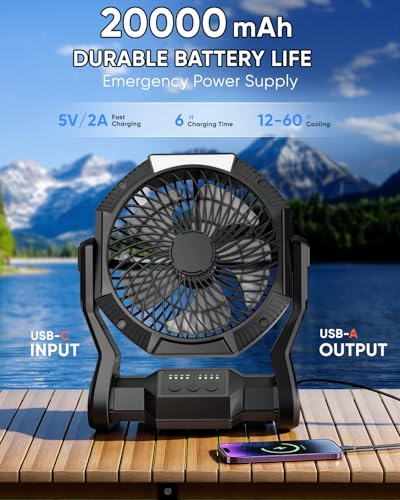 Portable Rechargeable Fan, 20000mAh Battery Powered Camping Fan with LED Light & Hook, 270° Adjustable, 4-Speed,4-Timer Ca...