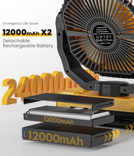 Korbot 24000mAh Detachable Battery Camping Fan - 3-in-1 Portable Camping Fans with LED & Remote - 4 Speeds Battery Operate...