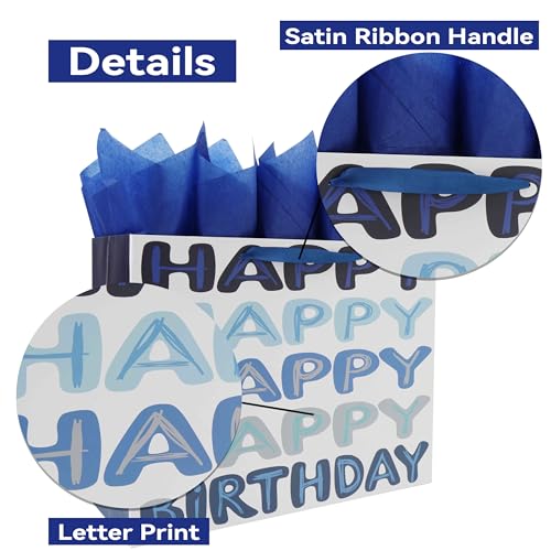 Qirrmiy 16.5” Extra Large Blue Happy Birthday Gift Bag Set with Handles, Greeting Card, Tissue Papers and Stickers for Men...