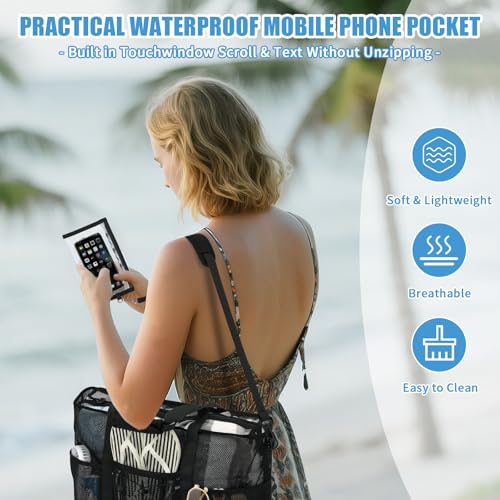 PIG PIG GIRL Mesh Beach Bag, Foldable Extra Large Beach Bags with Zipper Pool Bag with Portable Phone Pouch for Vacation Pool