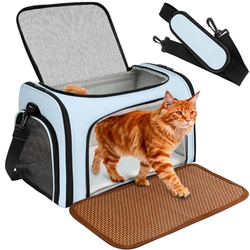 DSDCDJ Cat Carrier - Cat Carrier Soft with Plush Pad & Cooling Mat, Easy-Load 4-Side Zipper & 3-Side Mesh Ventilation, Pet...