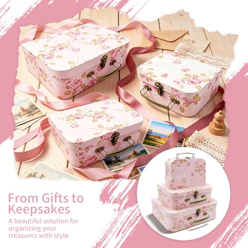 Cheardia 3 Pack Paperboard Suitcases Storage Box, Decorative Storage Boxes Gift Boxe With Lid, Stackable Cardboard Trunk f...
