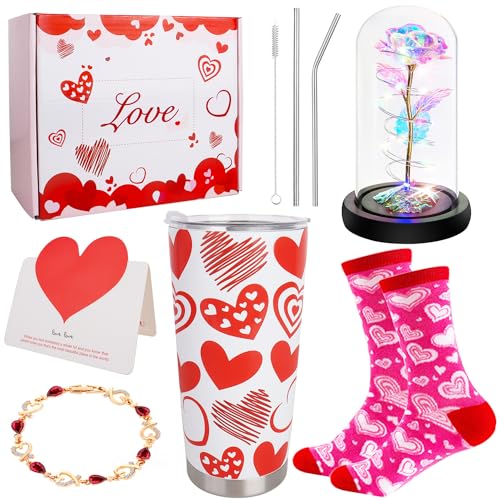 CAKKA Valentines Day Gifts for Her, 8 PCS Romantic Gift Set Includes 20 oz Tumbler with Lid Straw Brush Rose Flower Socks ...