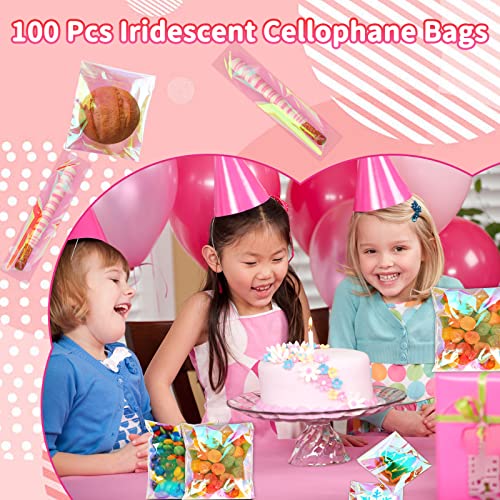 SUREHOME Cookie Bags with Seal 100 Pcs 5x6 In Iridescent Holographic Self Sealing Cellophane Treat Bags Pink Resealable In...