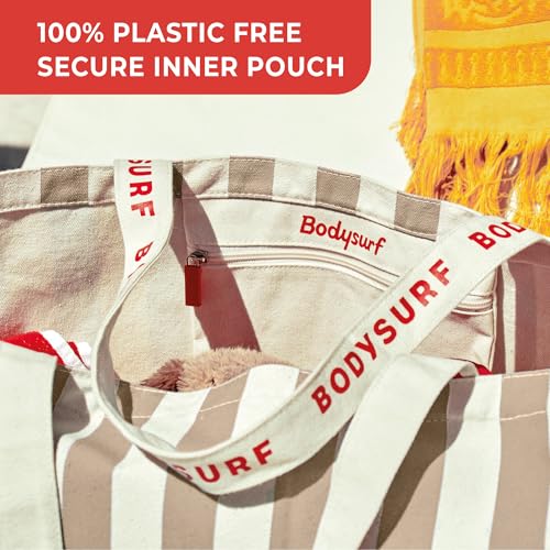 Bodysurf Canvas Tote Bag, Striped Heavy-Duty Beach & Pool Tote for Women with Zippered Pocket, Lightweight Boat Bag Carrya...