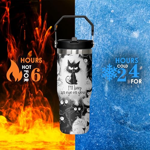 mvhsuoem 30 oz Cat Black Flip Straw Tumbler with Top Handle for Cat Black Lover Resuable Vacuum Insulated Flip Top Water b...