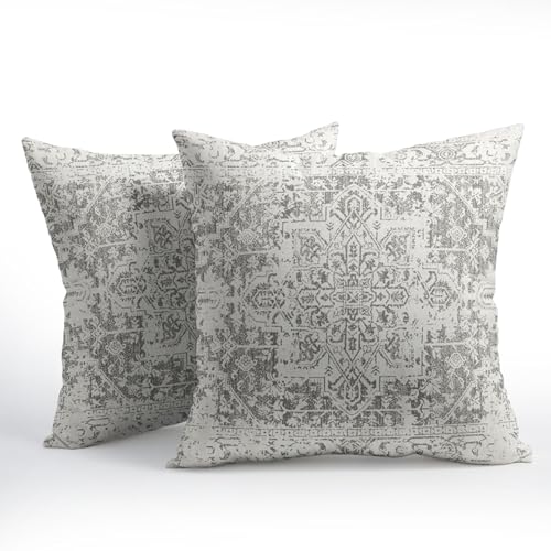 Boho Throw Pillow Covers 20X20 Inches Set of 2 Grey and White Ethnic Design Pillowcase Soft Cotton Linen Square Carpet Pat...