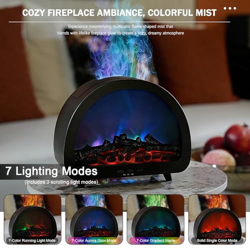 Holwim Fireplace Flame Essential Oil Diffuser - 7 Color Ultrasonic Aromatherapy Humidifier with 7-Mode Running Lights, Rem...