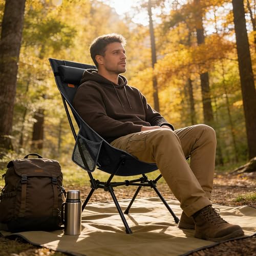 TOBTOS Portable High Back Camping Chair, Support 440 lbs, Ultralight Folding Chair with Head Support, Compact Backpacking ...