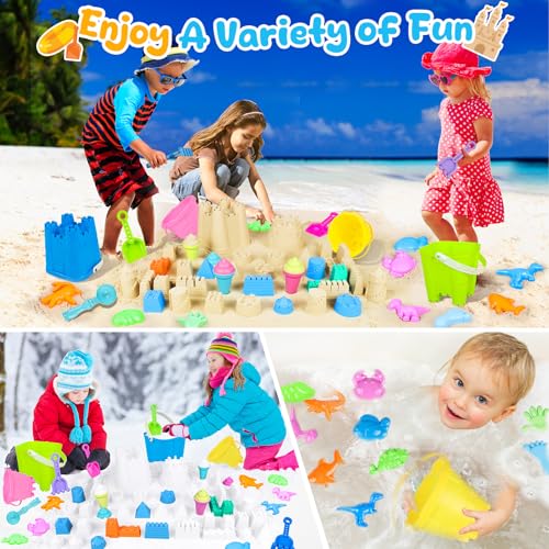 REZUCREY Beach Toys for Kids Toddlers, Sand Castle Toys with 4 Sand Bucket and Shovels, Mesh Bag & Molds, Ice Cream Travel...