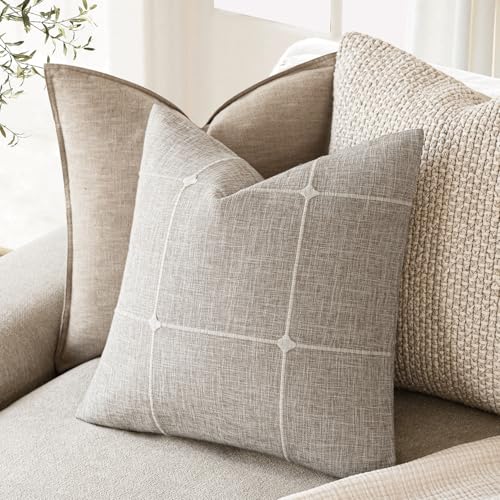 Foindtower Pack of 2 Decorative Faux Linen Jacquard Check Throw Pillow Covers Farmhouse Cushion Cover with Grid Textured A...
