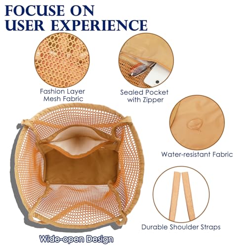 Fammart Mesh Beach Bag for Women, Summer Straw Tote Hobo Pool Bags with Zipper Pocket, Travel Vacation Cruise Essentials 2026