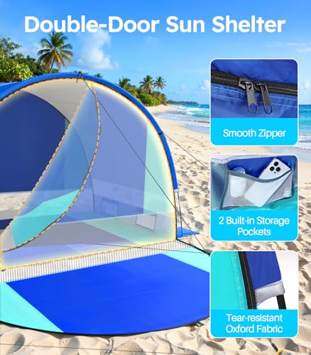Rhino Valley Beach Tent with Double Zippered Doors, Beach Tent Sun Shelter with UPF50+ UV Protection, Beach Canopy Portabl...
