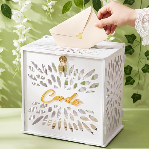 Chunful White Wedding Card Box with Lock, 10 Inch Hollow Floral PVC Gift Envelope Holder for Reception, Secure Money Colle...