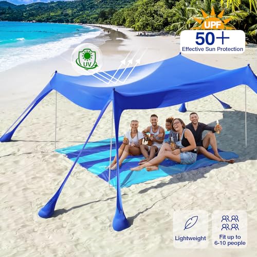 Rhino Valley Beach Tent Shade Canopy UPF50+ Protection, 8 Sandbags, 4 Stability Poles, Outdoor Sun Shelter Umbrella for Sa...