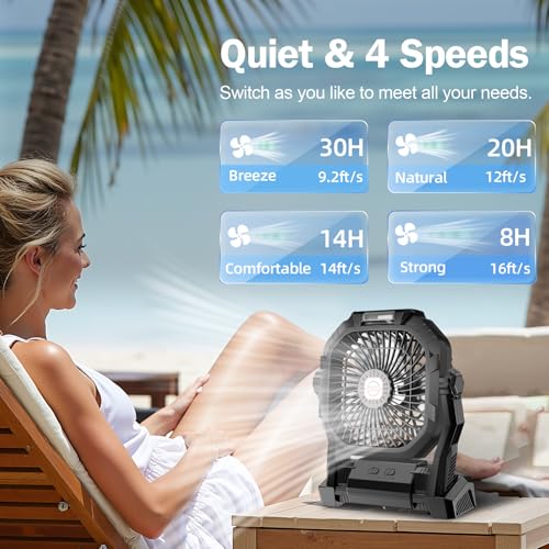 Camping Fan Rechargeable, 20000mAh Battery Powered Portable Fan with LED Light & Hook, 4-Speed 270° Adjustable, Camping Es...