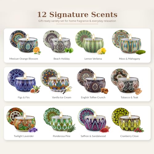 Scented Candles Gift Set, 12 Pack Soy Wax Candles for Home, 12 Scents, Aromatherapy Travel Tins with Gift Box for Women, B...