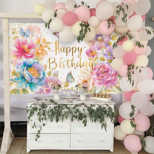 Mocsicka Floral Happy Birthday Banner Pink Flowers Butterfly Spring Party Decorations for Women Girls Photography Backgrou...