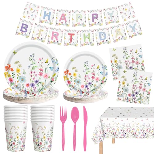 170 Pcs Spring Flower Birthday Party Decorations Sets, Includes Happy Birthday Banner, Floral Plates, Napkins, Cups, Plast...