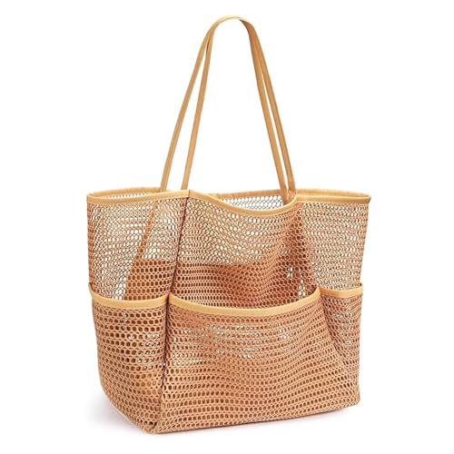 BESSKON Large Beach Bags for Women, Mesh Beach Tote with Zipper, Foldable Pool Tote Bag Travel Beachbag Waterproof Sandproof