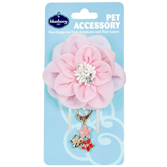 Blueberry Pet Princess Accessory Set of Floral Collar Accessory and Pedant for Dogs & Cats, Pink Flower Decor and Pendant