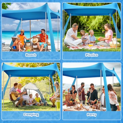 Beach Tent Canopy UPF50+ Protection, 10x10FT Beach Shade Sun Shelter Pop Up with 4 Stability Poles, Sandbags, Sand Shovel...
