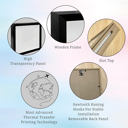 8 x 8 Inch Wooden Shadow Box Frame with Shelves Slot - Sketch Global Map Travel Theme - Money Savings Bank Ticket Saving B...
