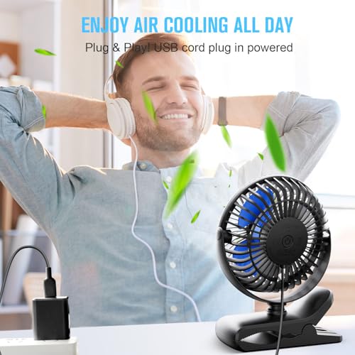 BESKAR USB Clip on Fan, Portable Small Fan with Cord Powered, 3 Speeds Strong Airflow, with Sturdy Clamp, Quiet Personal D...