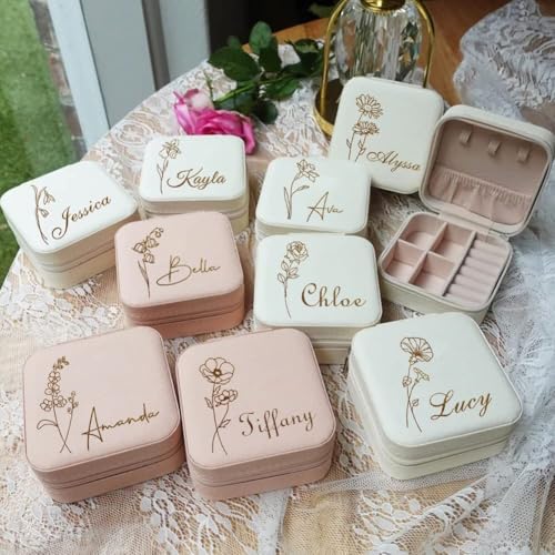 Corissy Personalized Jewelry Box for Women, Custom Travel Jewelry Case with Name and Birth Flower, Leather Jewelry Box for...