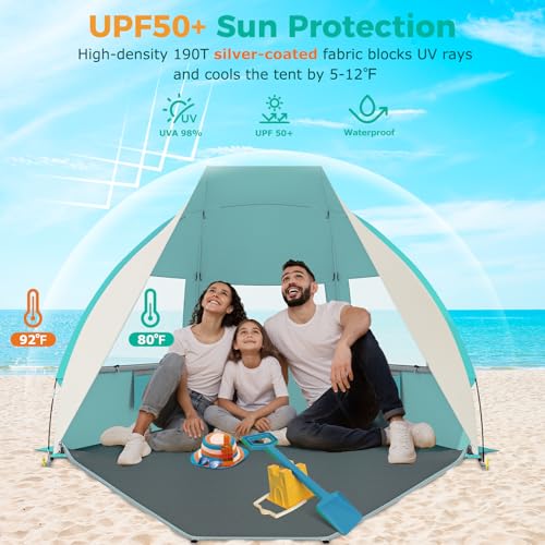Gorich Portable Beach Tent for 3/4-5/6-7 Person with UPF 50+ UV Protection, Lightweight & Foldable Sun Shelter with 5 Sand...