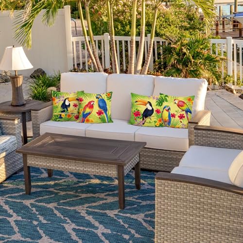 Bonhause Tropical Birds Parrot Toucan Throw Pillow Covers 18 x 18 Inch Set of 4 Flowers Leaves Outdoor Decorative Pillow C...