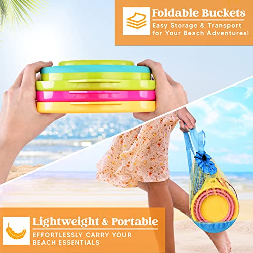 JOYIN Foldable Beach Bucket Set - 3 Packs Collapsible Toy Buckets with Shovels and Mesh Backpack for Kids Toddlers Party, ...