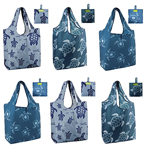BeeGreen Sea Turtle Reusable Grocery Bags Large Tote Bag With Handles, Bulk Gift Foldable Shopping Bags for Women 6 Pack, ...