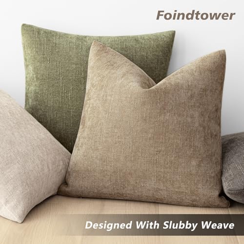 Foindtower Pack of 2 Textured Chenille Throw Decorative Pillow Covers Square Accent Solid Cushion Cover Neutral Farmhouse ...