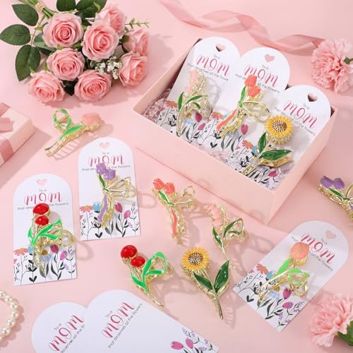 Yinkin 12 Sets Bulk Gift for Mother's Day Floral Metal Hair Clips with Thankful Greeting Cards Hair Clips for Women DIY Mo...