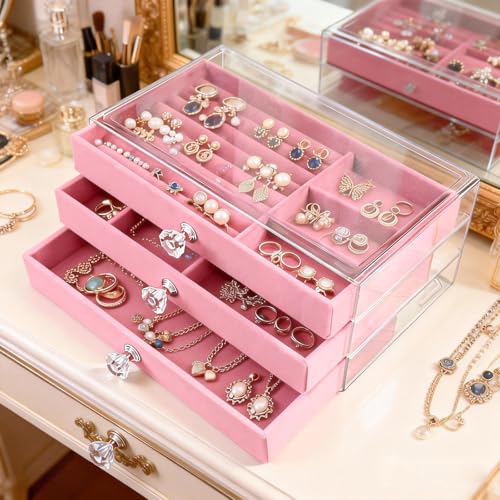 Jemjosh Clear Acrylic Velvet Jewelry Organizer with 3 Drawers, Stackable Display Storage Earrings Necklace Rings Bracelets...